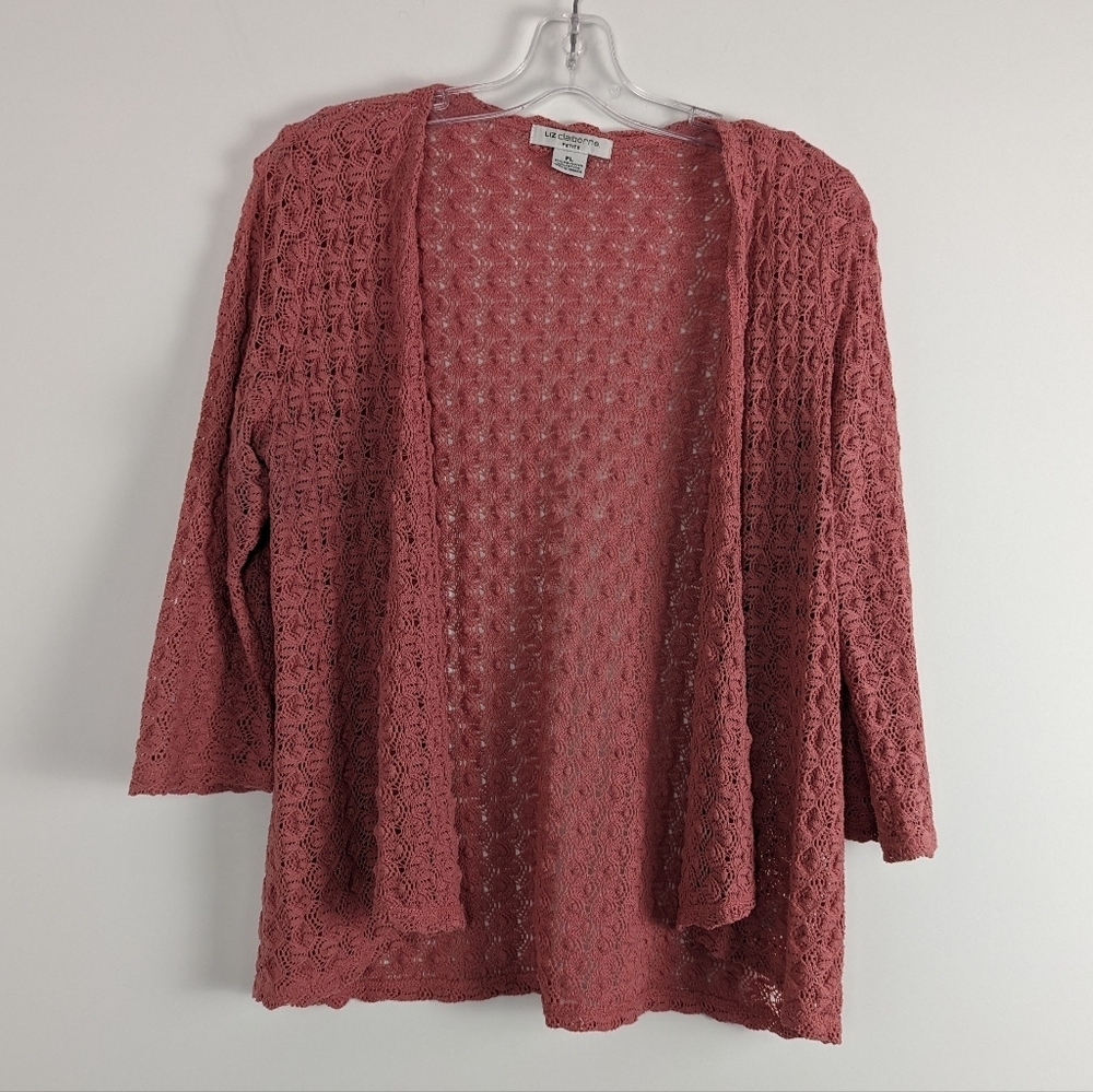 Liz Claiborne Petite Open Crochet Cardigan - Dusty Rose, Size PL Cotton Bohemian